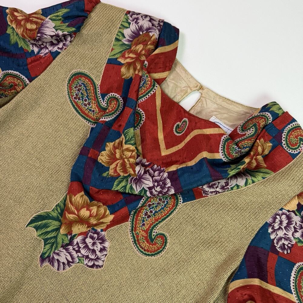 Vintage 90s Draped Cowl Neck Scarf Floral Paisley Short Sleeve Sweater Womens M
